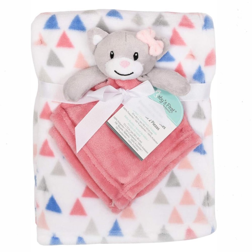 Pink Grey Girl Kitty Cat Security Blanket 2 Piece Set Baby's First by Nemcor NWT